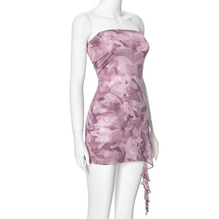 Ruffle print stitch mesh contrast backless tube mini dress