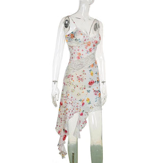 V neck lace hem flower print cami mini dress