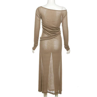 Off shoulder see through long sleeve irregular slit midi dress