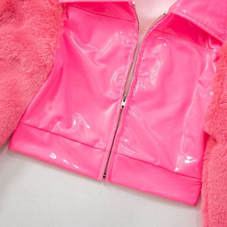 Zip-up long sleeve fluffy turnover collar crop top