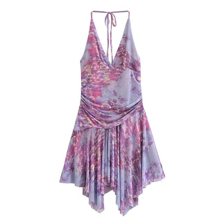 Halter self tie ruched print mesh v neck mini dress