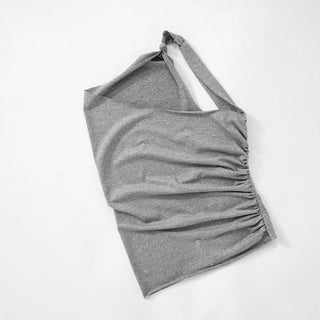 One shoulder ruched irregular knotted solid top