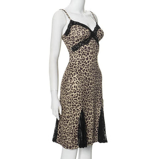 Lace hem patchwork leopard print cami mini dress
