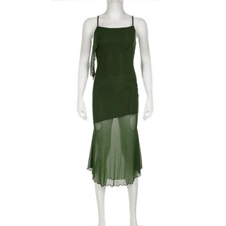 Ruffle irregular mesh cross back cami midi dress
