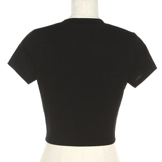Short sleeve crewneck "R"embroidery crop top