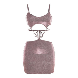 Low cut v neck textured hollow out self tie cami cut out mini dress