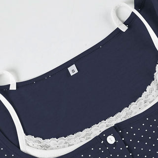 Polka dot long sleeve button lace hem patchwork top