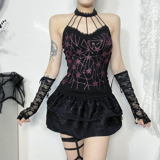 Halter beaded lace hem backless top