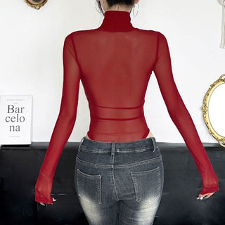 High neck long sleeve mesh hollow out bodysuit