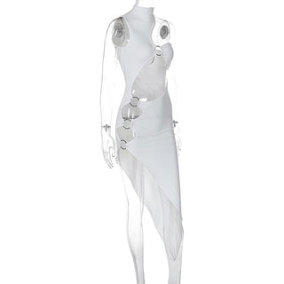 One shoulder high neck o ring irregular midi dress