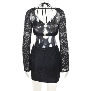 Halter long sleeve lace hollow out o ring cut out mini dress