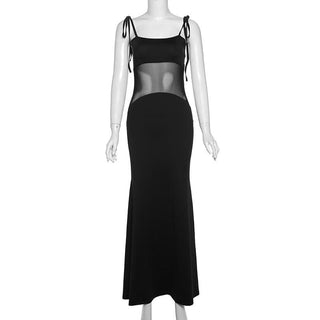 Mesh patchwork self tie backless cami maxi dress