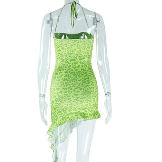 Sweetheart neck padded leopard print ruffle midi dress