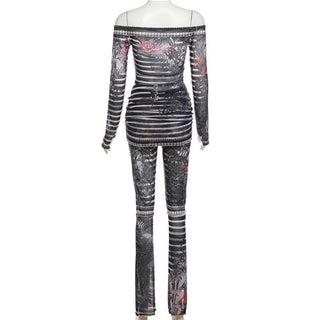 Long sleeve off shoulder sheer mesh print pant set