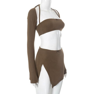 Long sleeve slit bowknot halter shrug mini skirt set