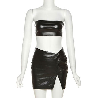 PU leather zip-up tube short pant set