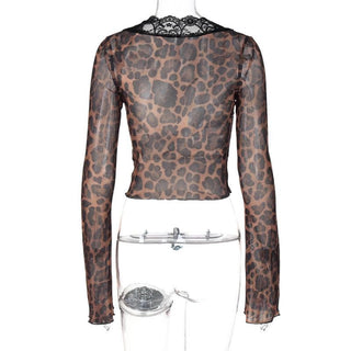 Long flared sleeve print lace hem button see through top