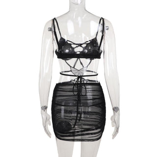 Cross front butterfly mesh hollow out cami cut out mini dress