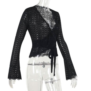 Long flared sleeve v neck lace hem knotted top