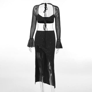 Self tie long sleeve textured backless slit low cut midi skirt set-final-sale