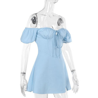 Off shoulder sweetheart neck self tie mini dress