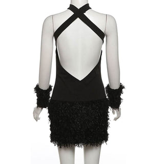 Cross back fluffy halter solid tube mini dress