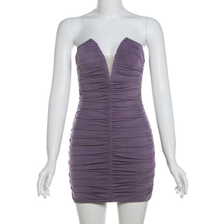 V neck ruched solid mesh tube mini dress