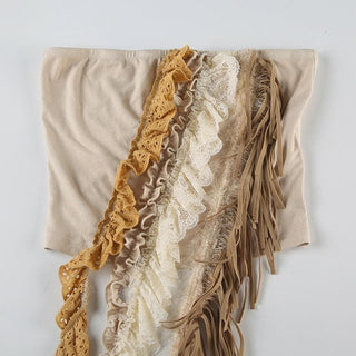 Lace hem backless tassels ruffle tube top