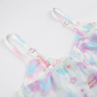 Bowknot butterfly print mesh ruffle cami top