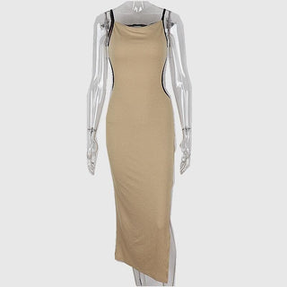 Ribbed contrast hollow out self tie backless slit cami cut out midi dress