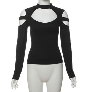 Long sleeve crewneck hollow out cut out top