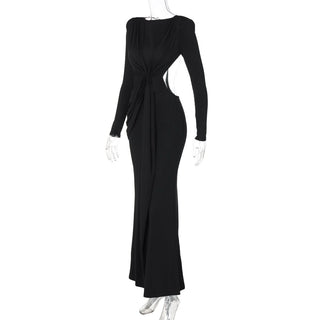 Long sleeve padded backless ruched maxi dress