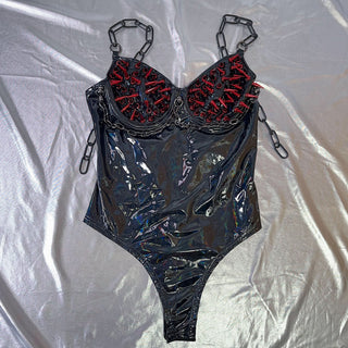 PU leather rivet metal chain bodysuit