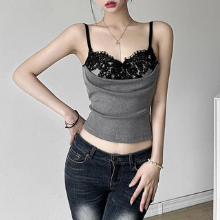 Lace patchwork ruched contrast cami top
