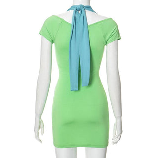 Short sleeve low cut patchwork knotted mini dress