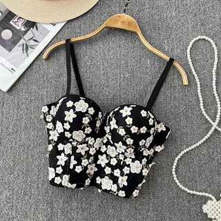 Embroidery padded bustier flower applique cami top