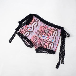 Long sleeve lace hem abstract print self tie short pant set