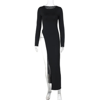 Long sleeve round neck slit solid maxi dress