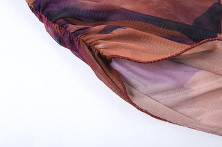 Sheer mesh cross back ruched print irregular cami midi dress