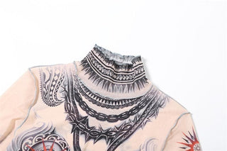 Long sleeve print high neck ruffle crop sheer mesh pant set