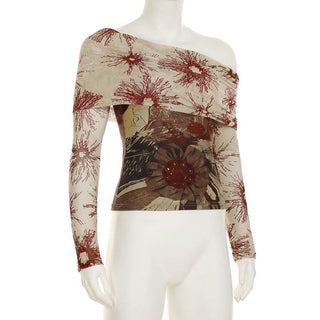 Off shoulder long sleeve mesh contrast top