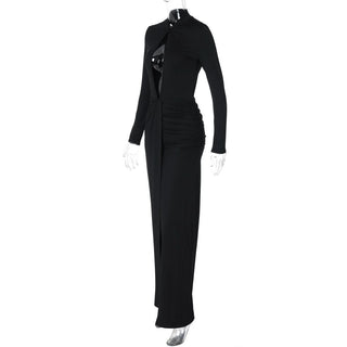 Long sleeve hollow out high slit ruched cut out maxi dress