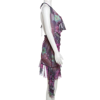 Halter cowl neck beaded sheer mesh print mini dress