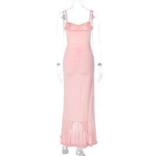 Ruffle high slit ruched hollow out cami cut out maxi dress