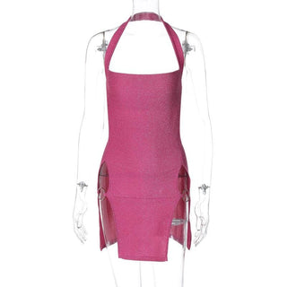 Halter o ring high slit glitter backless solid mini dress