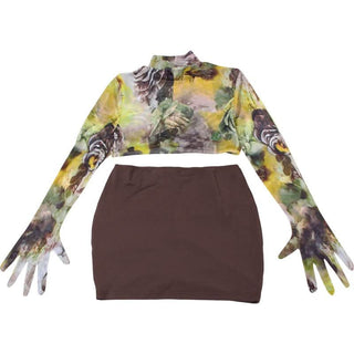 High neck long sleeve flower print crop mini skirt set