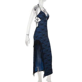 Halter v neck lace hem slit print midi dress