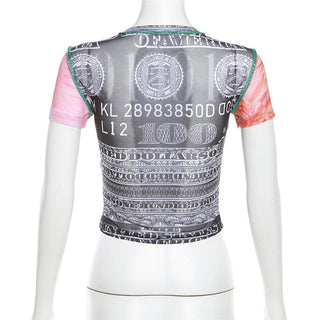 Short sleeve crewneck sheer mesh print top