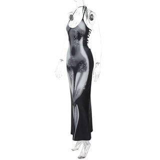 Halter self tie u neck body print o ring maxi dress