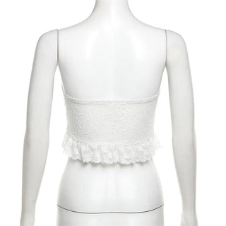 Velvet bowknot contrast lace ruffle backless tube crop top